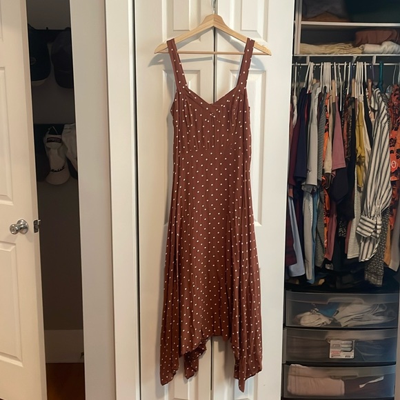Anthropologie Maeve Vivienne Brown Polka Dot Sweetheart Neck Midi Dress - Picture 3 of 4